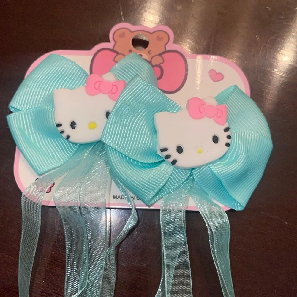 Hello Kitty mint green Hair Bows set of two clips with streaming ribbon nwt